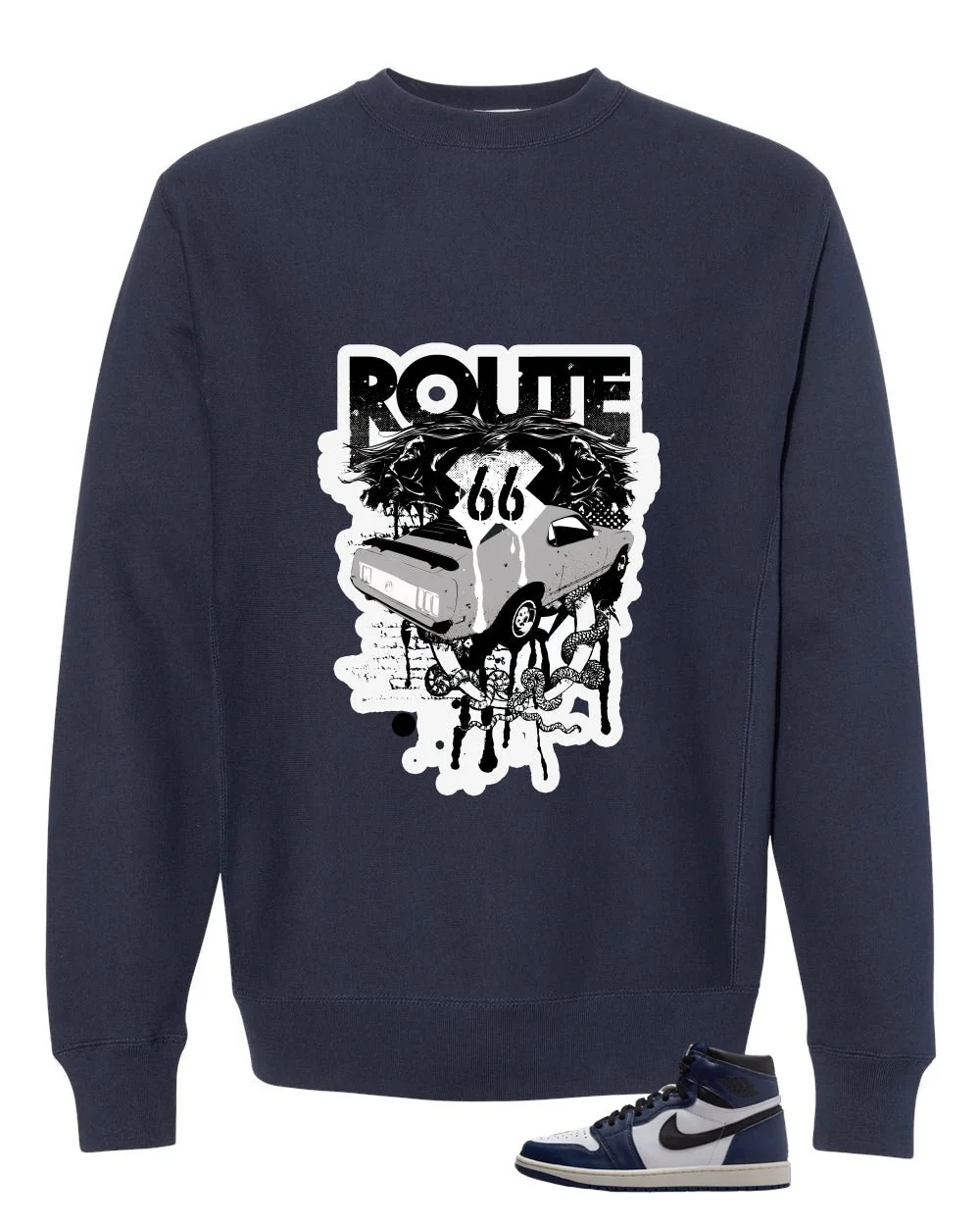 Air Jordan 1 High OG Midnight Navy Navy Blue T-Shirt (Route 66 Vintage car)| illcurrency - Image 4