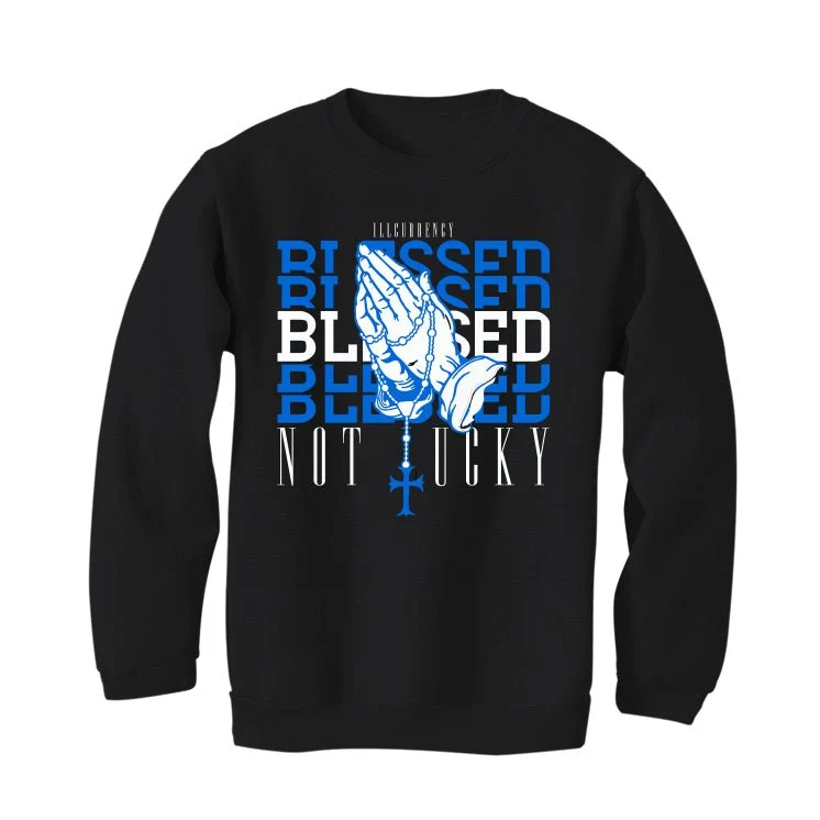 Air Jordan 1 Royal Reimagined | Illcurrency Black T-Shirt (Blessed not lucky) - Image 4