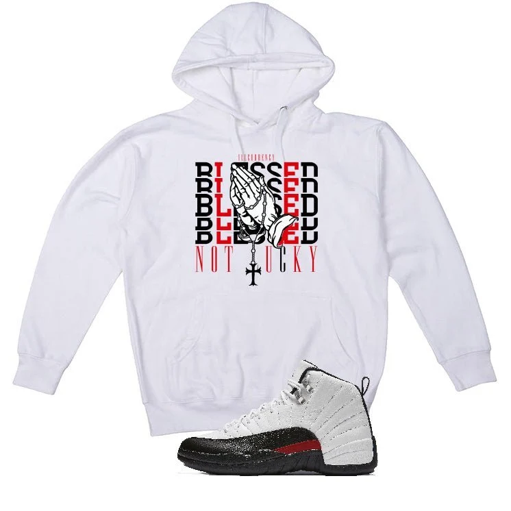 Air Jordan 12 “Red Taxi” | illcurrency White T-Shirt (Blessed not lucky) - Image 3