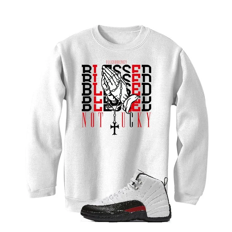 Air Jordan 12 “Red Taxi” | illcurrency White T-Shirt (Blessed not lucky) - Image 4