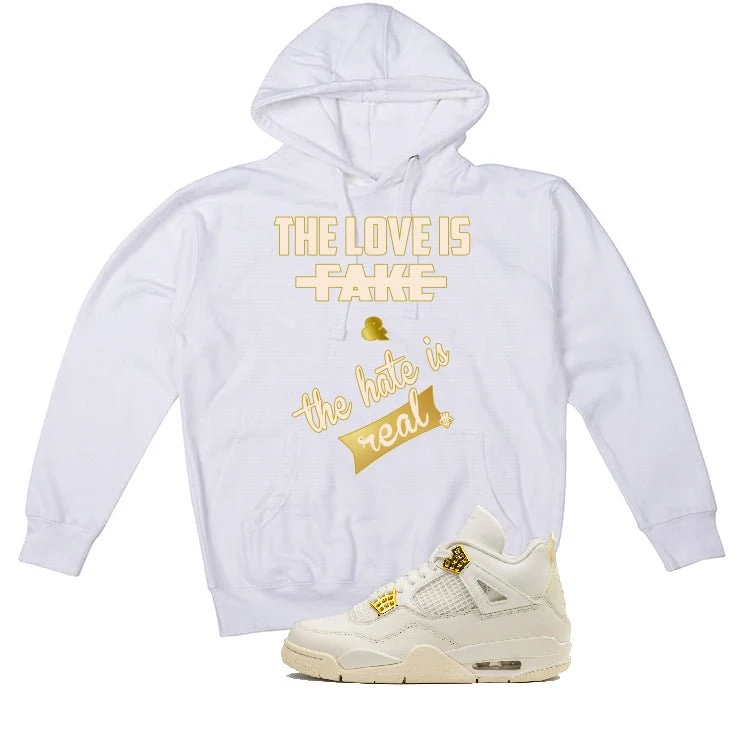 Air Jordan 4 WMNS “Metallic Gold” | illcurrency White T-Shirt (Love is Fake) - Image 3