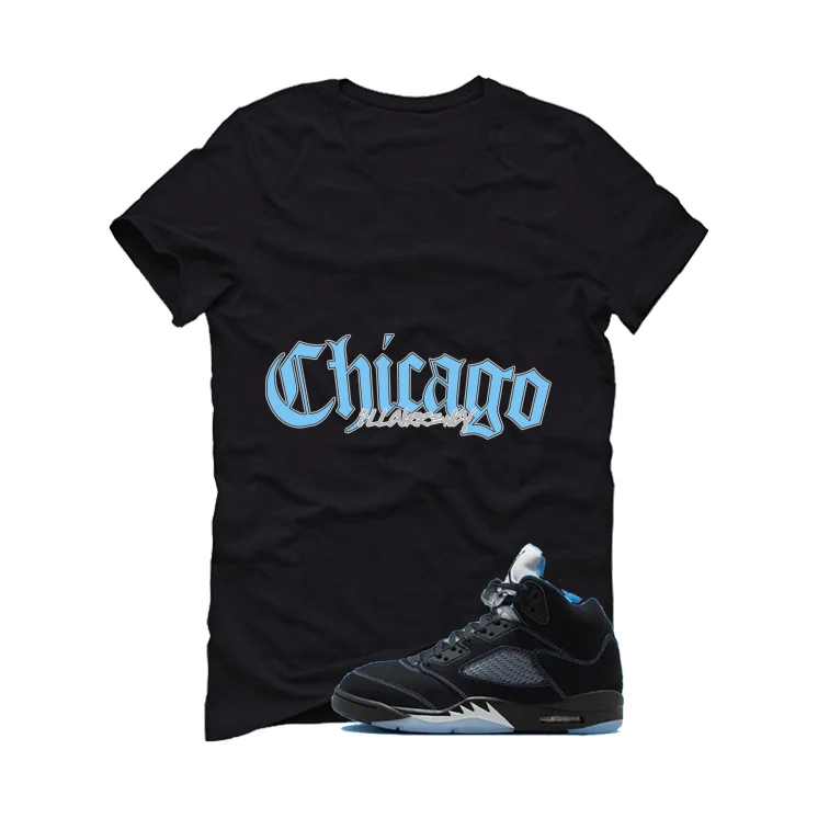 Air Jordan 5 Black/University Blue Matching T-Shirt Black T-Shirt (Chicago)| illcurrency - Image 2