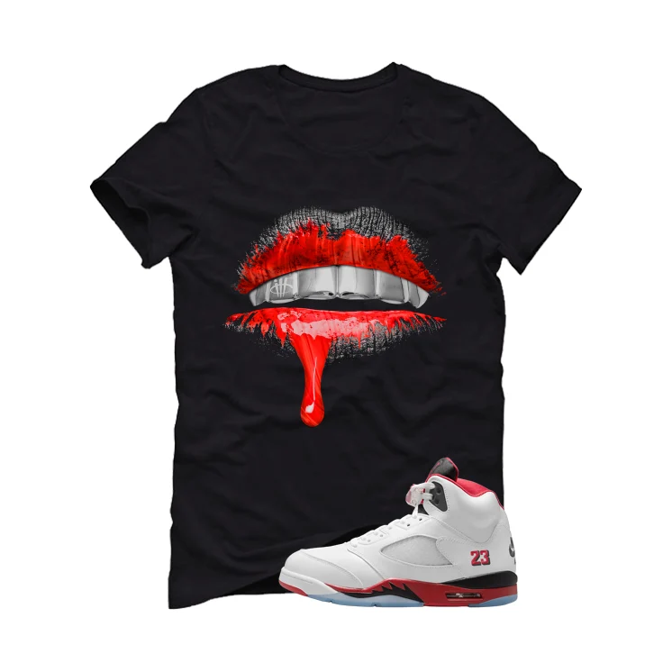 Air Jordan 5 Fire Red Black Tongue Black T-Shirt (Lips)| illcurrency - Image 2