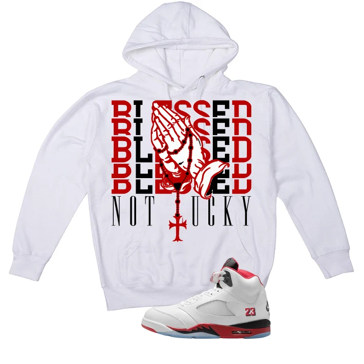 Air Jordan 5 Fire Red Black Tongue White T-Shirt (Blessed not lucky)| illcurrency - Image 3