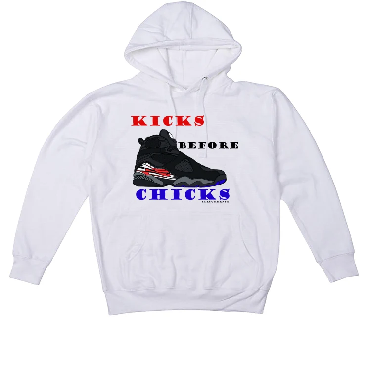 Air Jordan 8 “Playoffs” | illcurrency White T-Shirt (KICKS BEFORE CHICKS) - Image 3