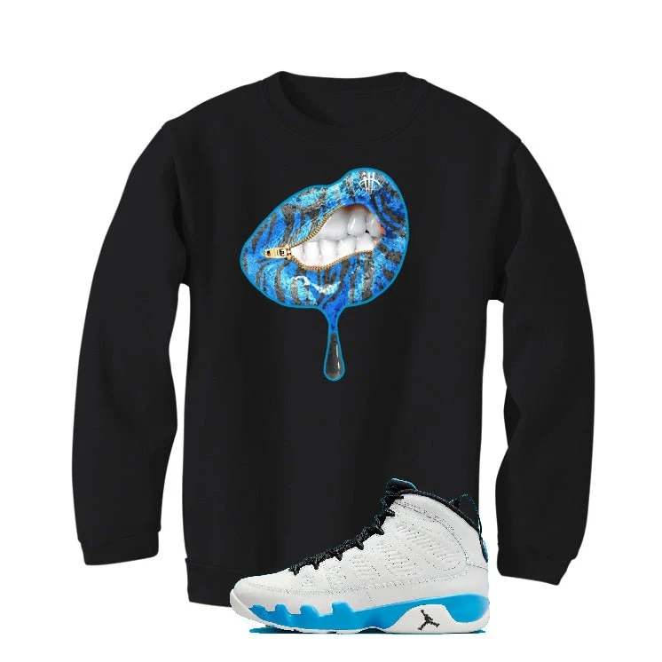 Air Jordan 9 “Powder Blue” | illcurrency Black T-Shirt (LIPS UNSEALED) - Image 4
