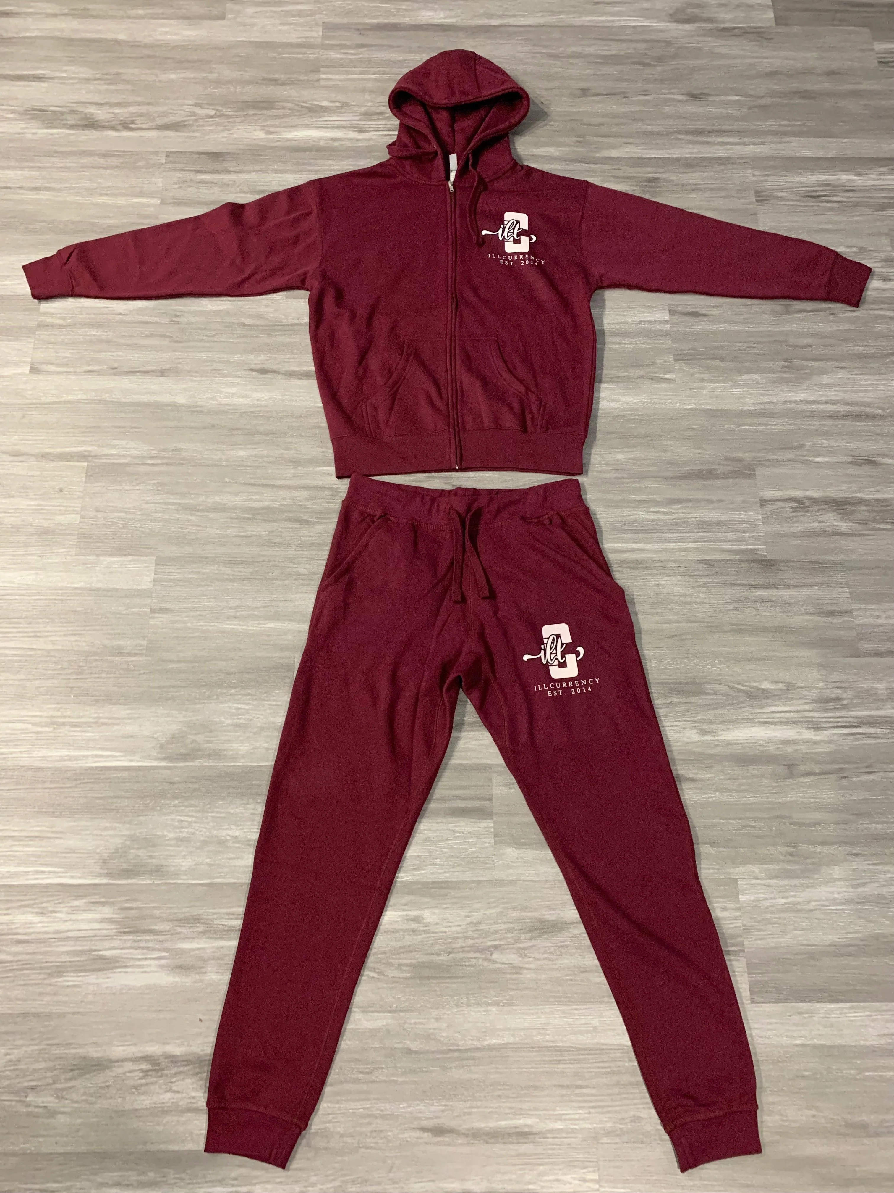 Official illCurrency Sportswear Full Zip Hoodie/Sweatpants Outfit Burgundy