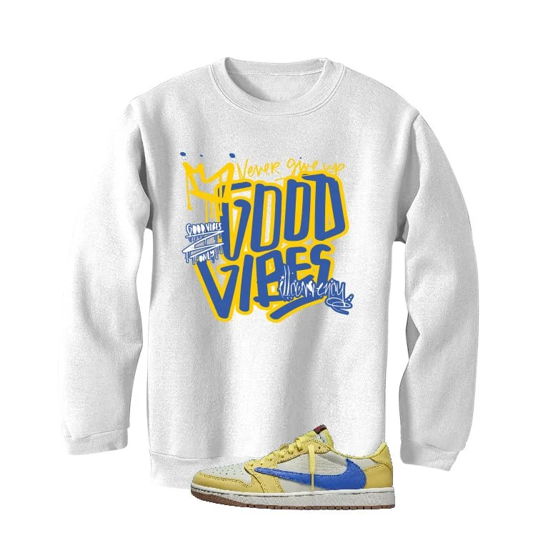 Travis Scott x Air Jordan 1 Low OG “Canary” | illcurrency White T-Shirt (Good Vibes) - Image 4